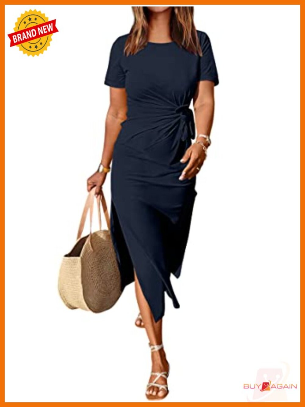Women's Maxi T-Shirt Dress Slim Fit Tie Waist Side Slit Pockets Casual Summer